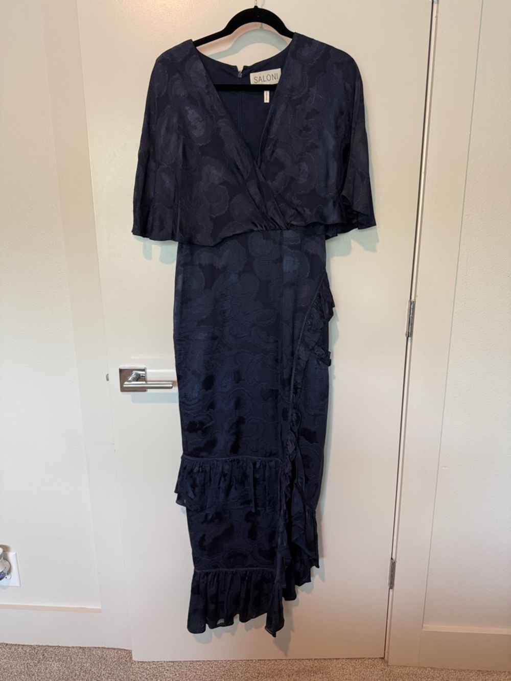 SALONI Navy Jacquard Wrap Midi Dress with Ruffle Hem